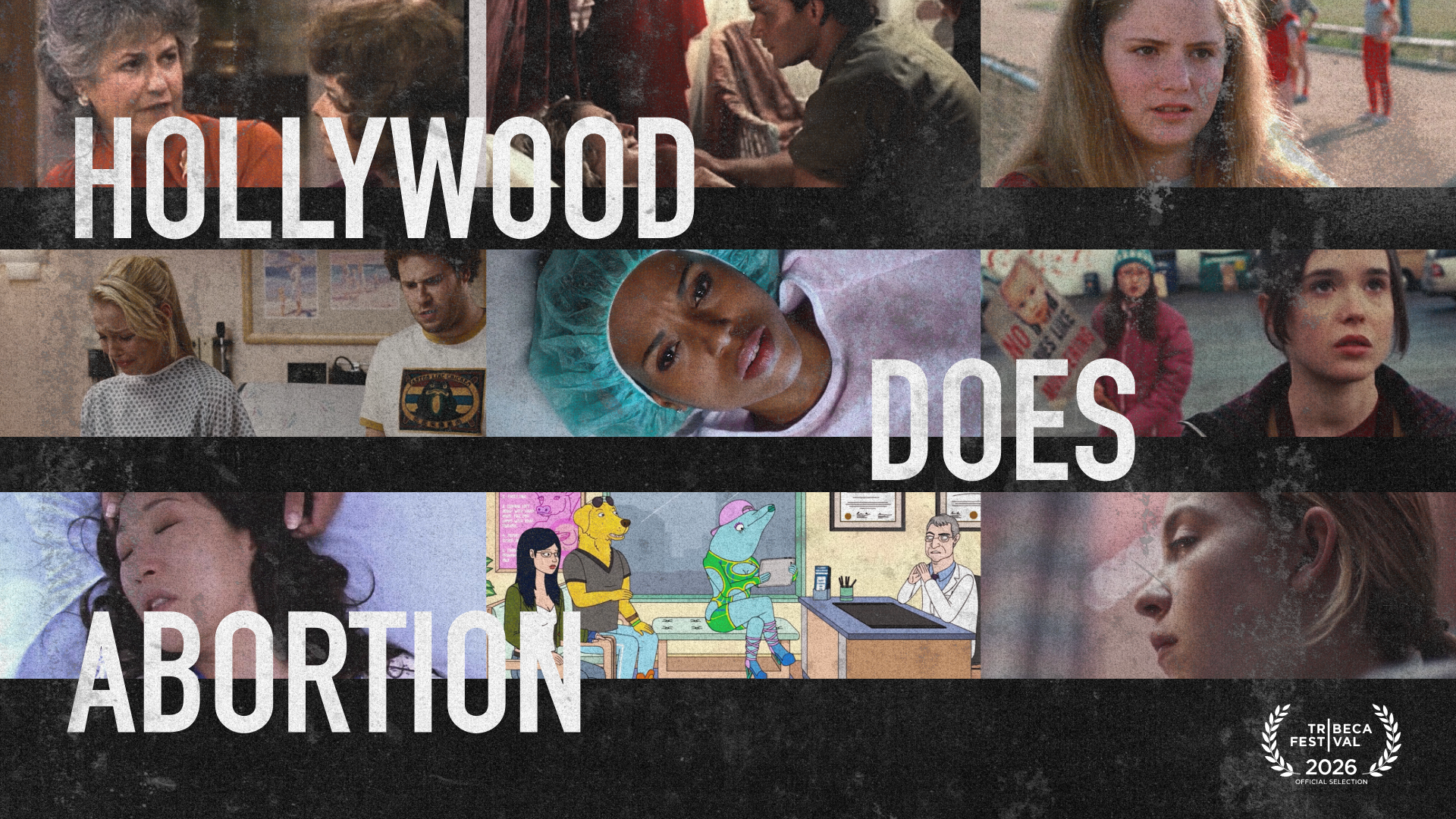 Graphic with stills from TV shows and films overlapped with the title HOLLYWOOD DOES ABORTION and the Tribeca Festival 2026 logo.